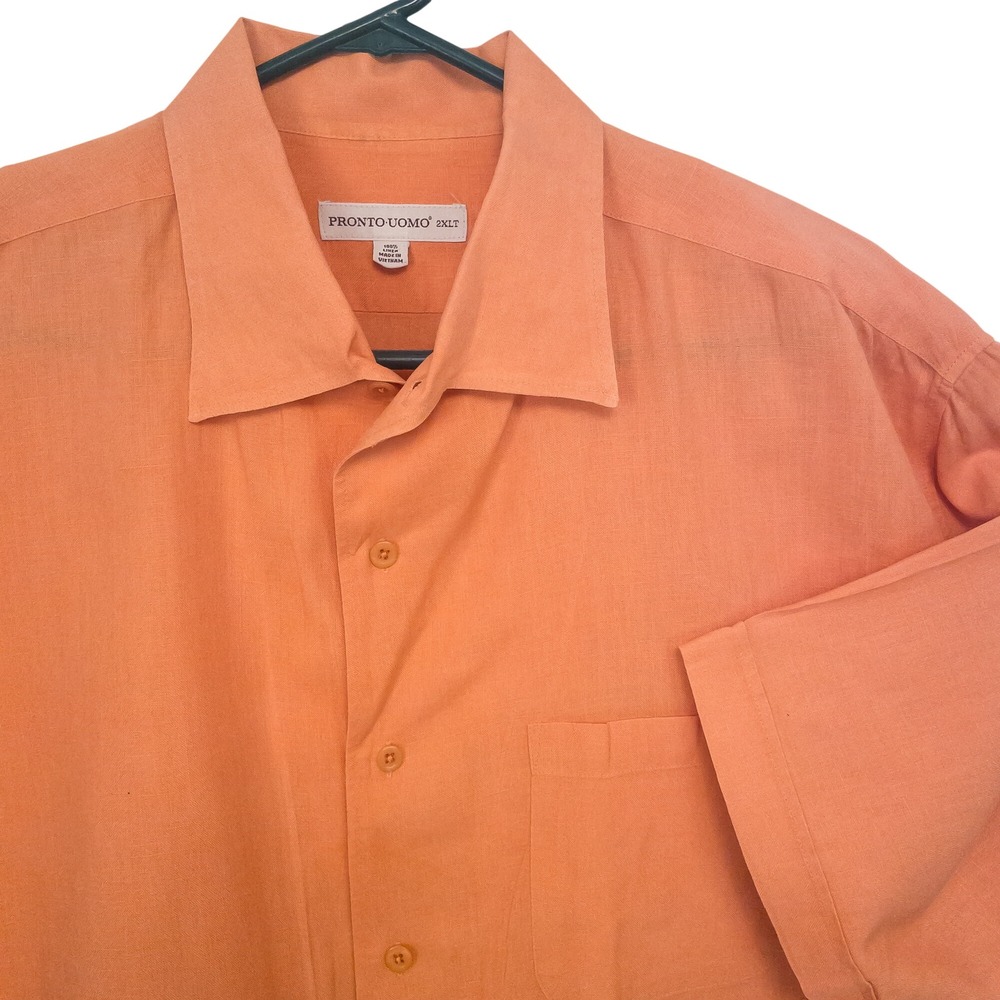 Pronto Uomo Button-Down Mens 2XLT Orange Short Sleeve 100% Linen Shirt